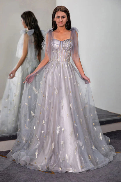 Tulle Sheer Corset Bodice Prom Dress with Feather Embroidery