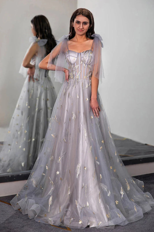Tulle Sheer Corset Bodice Prom Dress with Feather Embroidery