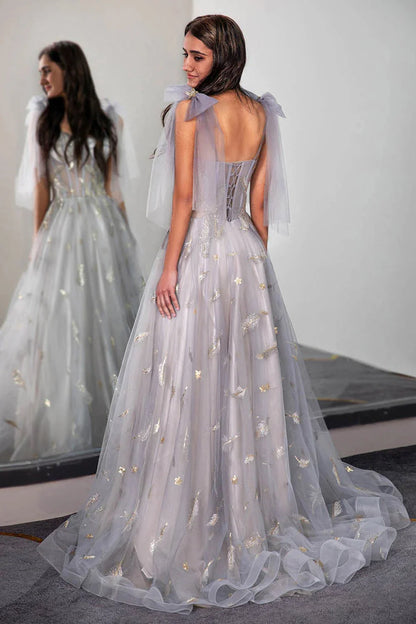 Tulle Sheer Corset Bodice Prom Dress with Feather Embroidery