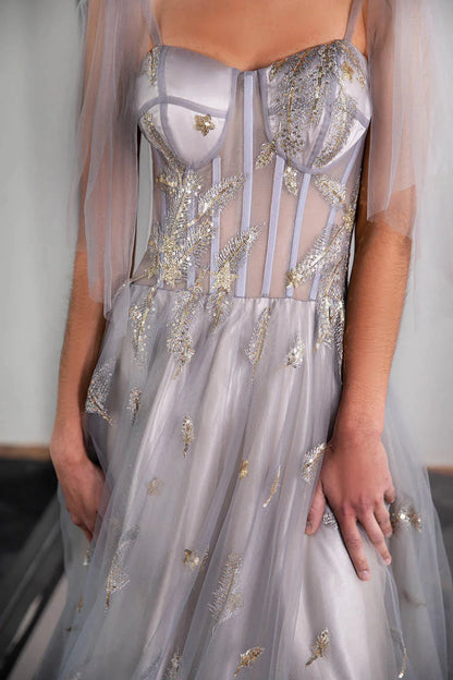 Tulle Sheer Corset Bodice Prom Dress with Feather Embroidery