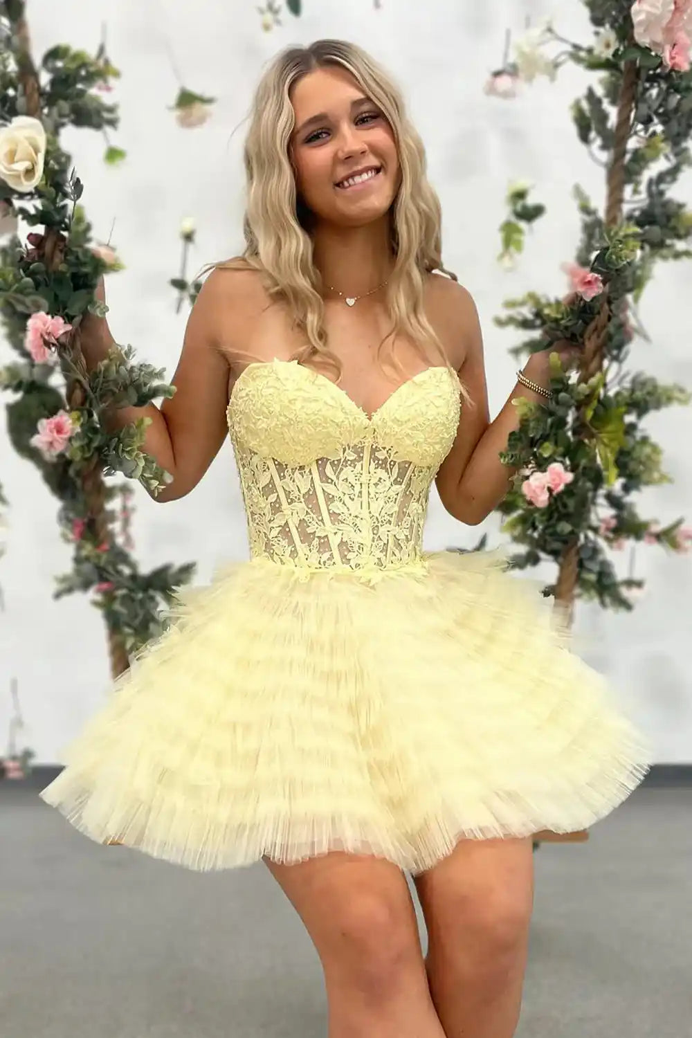 Tulle Tiered Strapless Homecoming Dress with Lace