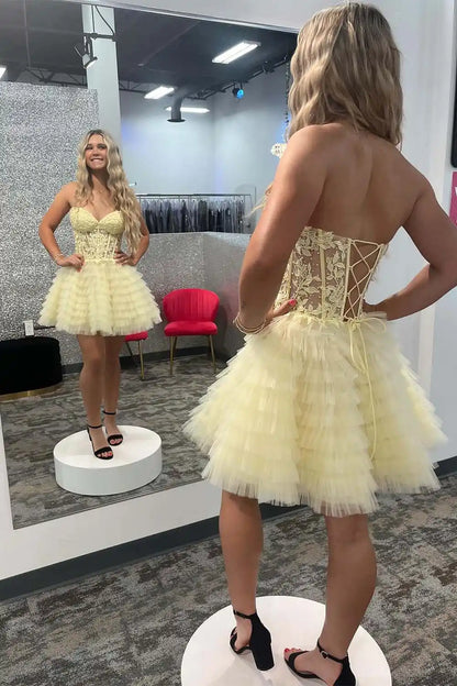 Tulle Tiered Strapless Homecoming Dress with Lace