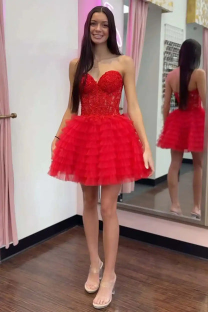 Tulle Tiered Strapless Homecoming Dress with Lace