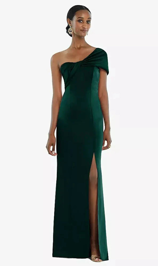 Twist Cuff One-Shoulder Princess Line Trumpet Gown in Evergreen