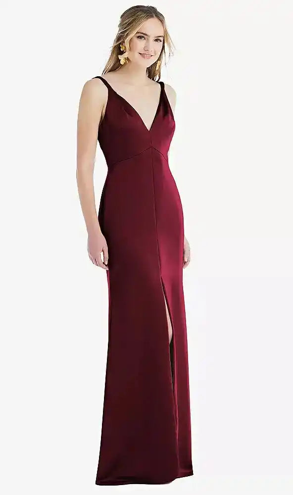 Twist Strap Maxi Slip Dress with Front Slit - Neve in Cabernet