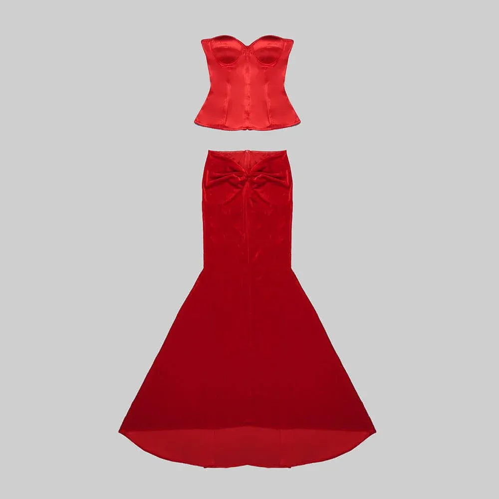 Two-Piece Mermaid Strapless Corset Red Floor Length Prom Dress For Sale