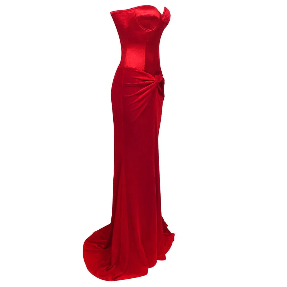 Two-Piece Mermaid Strapless Corset Red Floor Length Prom Dress For Sale
