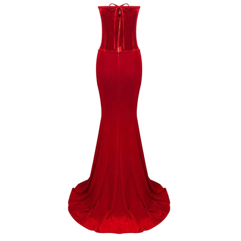 Two-Piece Mermaid Strapless Corset Red Floor Length Prom Dress For Sale