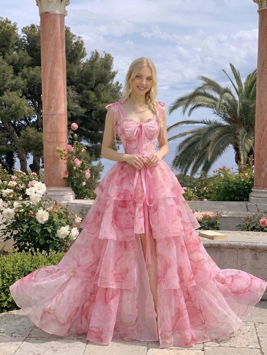 Two-piece A-Line Sweetheart Tie-Shoulder Tiered Floral Pink Floor-Length Prom Dress