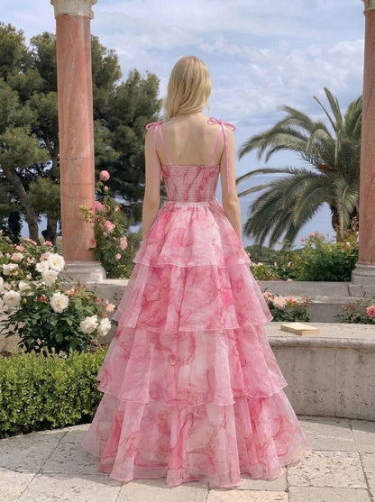 Two-piece A-Line Sweetheart Tie-Shoulder Tiered Floral Pink Floor-Length Prom Dress