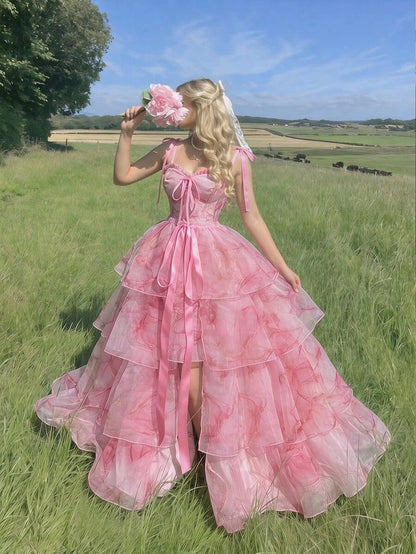 Two-piece A-Line Sweetheart Tie-Shoulder Tiered Floral Pink Floor-Length Prom Dress