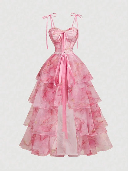 Two-piece A-Line Sweetheart Tie-Shoulder Tiered Floral Pink Floor-Length Prom Dress