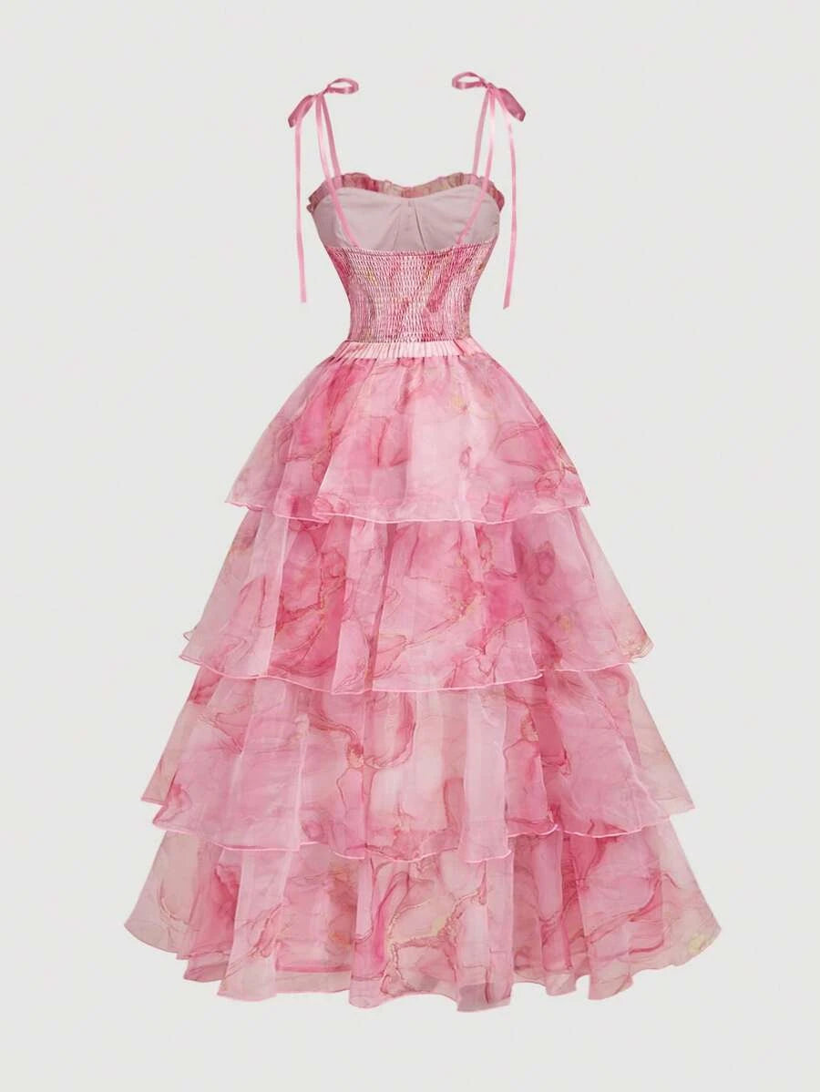 Two-piece A-Line Sweetheart Tie-Shoulder Tiered Floral Pink Floor-Length Prom Dress