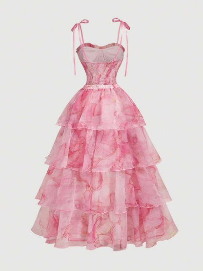 Two-piece A-Line Sweetheart Tie-Shoulder Tiered Floral Pink Floor-Length Prom Dress