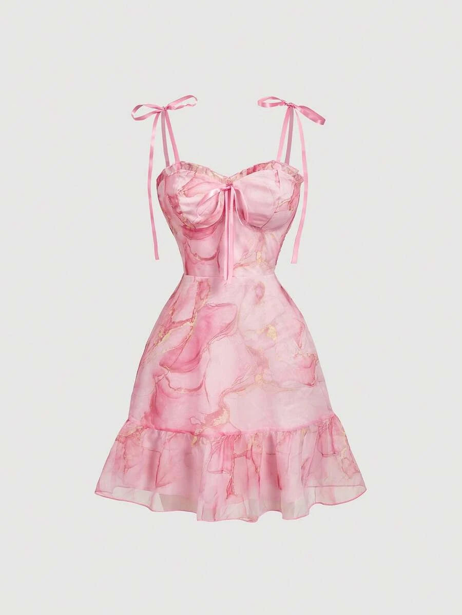 Two-piece A-Line Sweetheart Tie-Shoulder Tiered Floral Pink Floor-Length Prom Dress