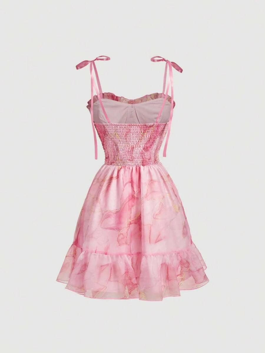 Two-piece A-Line Sweetheart Tie-Shoulder Tiered Floral Pink Floor-Length Prom Dress
