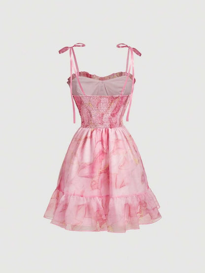 Two-piece A-Line Sweetheart Tie-Shoulder Tiered Floral Pink Floor-Length Prom Dress
