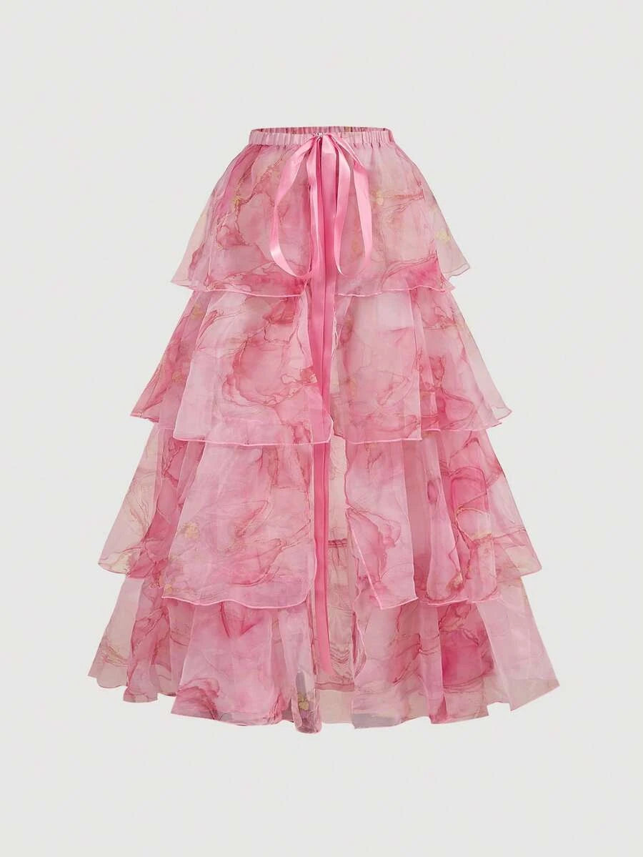 Two-piece A-Line Sweetheart Tie-Shoulder Tiered Floral Pink Floor-Length Prom Dress