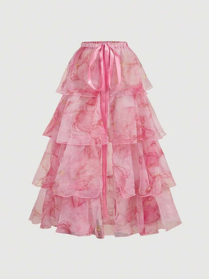 Two-piece A-Line Sweetheart Tie-Shoulder Tiered Floral Pink Floor-Length Prom Dress