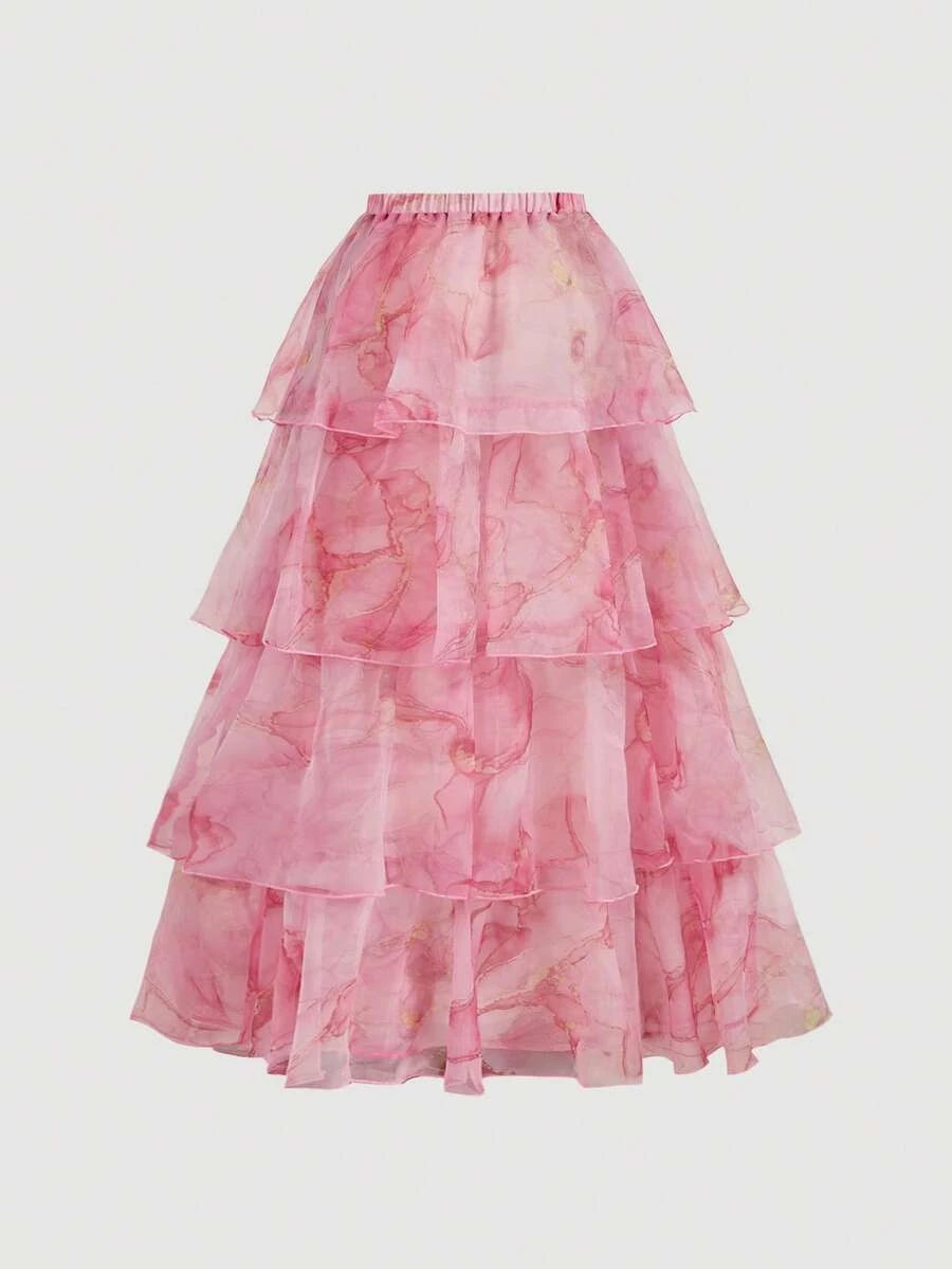Two-piece A-Line Sweetheart Tie-Shoulder Tiered Floral Pink Floor-Length Prom Dress