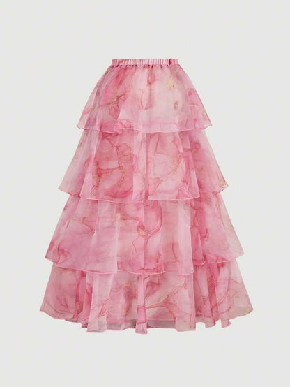 Two-piece A-Line Sweetheart Tie-Shoulder Tiered Floral Pink Floor-Length Prom Dress