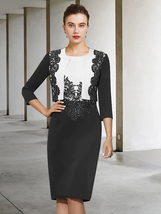 Mother of the Bride Dress Elegant Jewel Neck Knee Length Lace Stretch Fabric Half Sleeve with Appliques