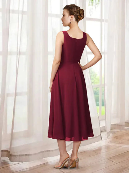 Two Piece A-Line Mother of the Bride Dress Elegant Jewel Neck Tea Length Chiffon Lace 3/4 Length Sleeve with Appliques