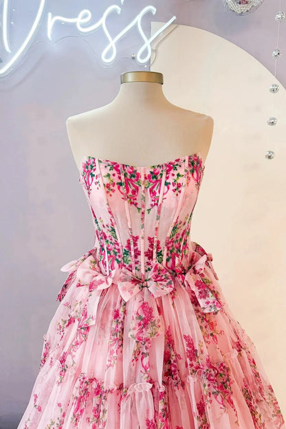 Strapless Pink Ruffle Prom Dresses Floral Printed with Bow