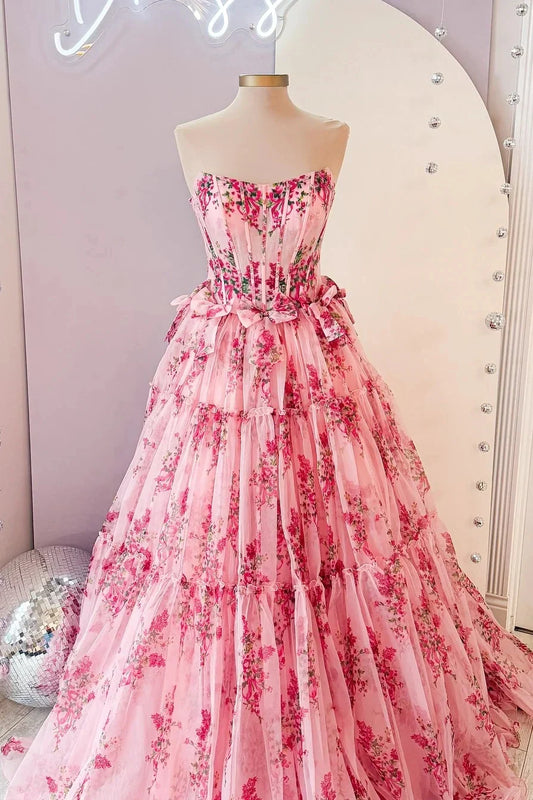 Strapless Pink Ruffle Prom Dresses Floral Printed with Bow
