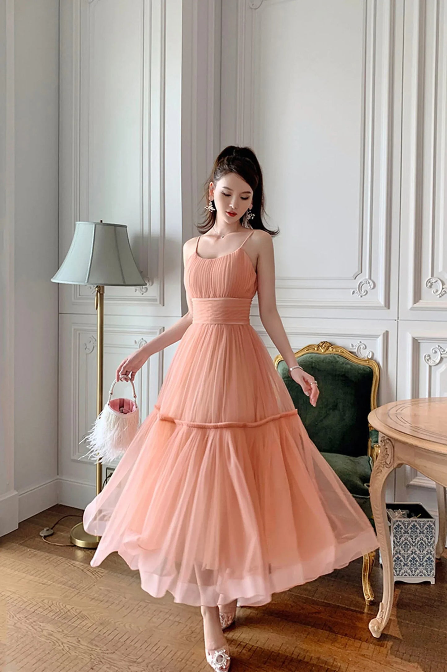 Unique A-Line Spaghetti Straps Sleeveless Zipper Up Tea-Length Prom Dress