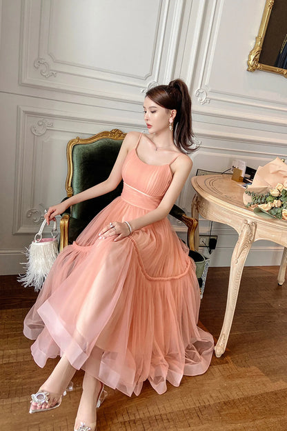 Unique A-Line Spaghetti Straps Sleeveless Zipper Up Tea-Length Prom Dress