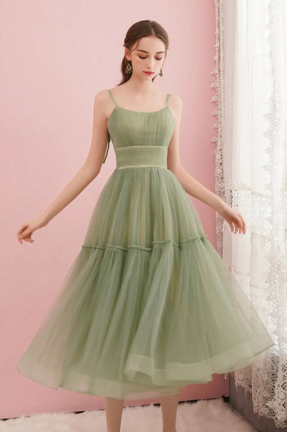 Unique A-Line Spaghetti Straps Sleeveless Zipper Up Tea-Length Prom Dress