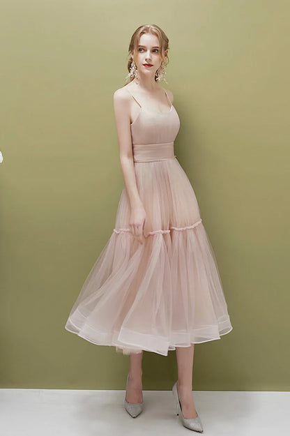 Unique A-Line Spaghetti Straps Sleeveless Zipper Up Tea-Length Prom Dress
