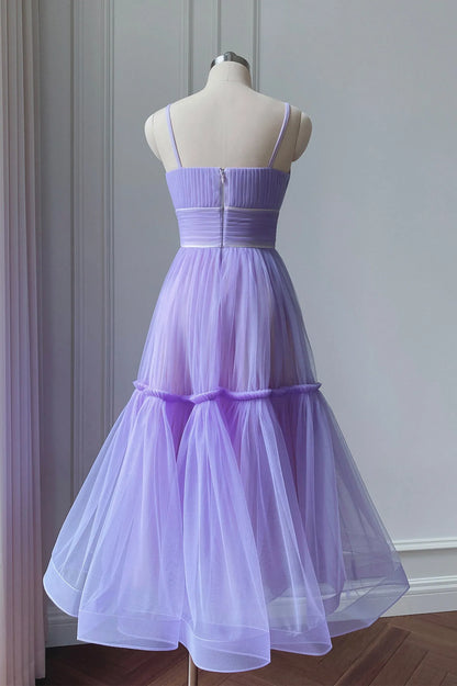 Unique A-Line Spaghetti Straps Sleeveless Zipper Up Tea-Length Prom Dress
