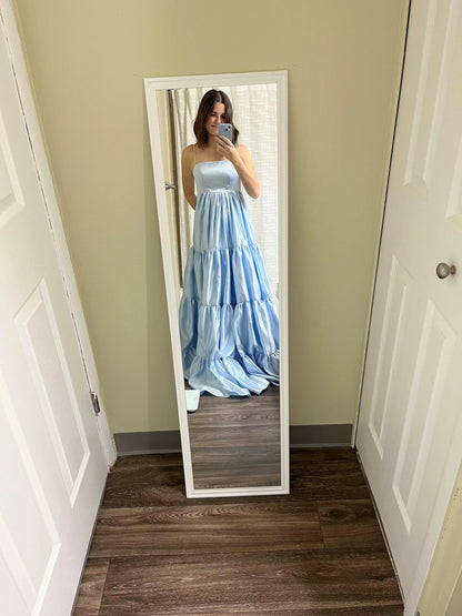 Unique A-Line Square Neck Sleeveless Pleated Satin Floor-Length Prom Dress