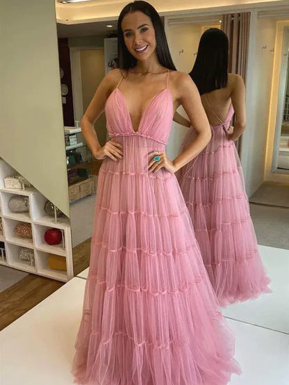 Unique A-Line V Neck Sleeveless Lace Up Floor-Length Prom Dress