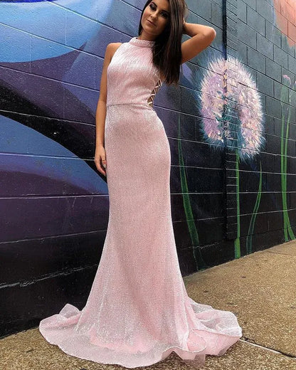 Unique Mermaid High Neck Sleeveless Sequins Sweep/Brush Train Prom Dress
