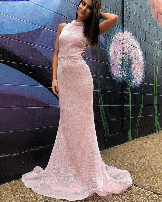 Unique Mermaid High Neck Sleeveless Sequins Sweep/Brush Train Prom Dress