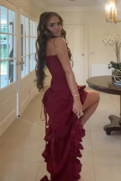 Unique Strapless Sleeveless Mermaid Satin Pleated High Low-Length Prom Dress