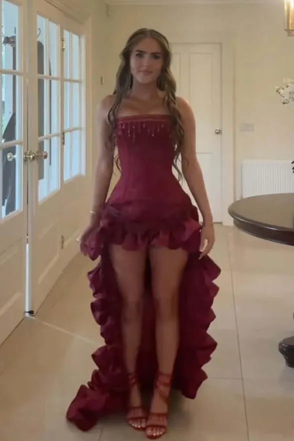 Unique Strapless Sleeveless Mermaid Satin Pleated High Low-Length Prom Dress