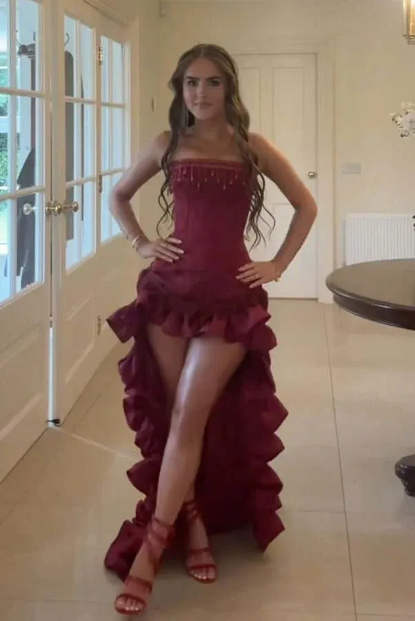 Unique Strapless Sleeveless Mermaid Satin Pleated High Low-Length Prom Dress