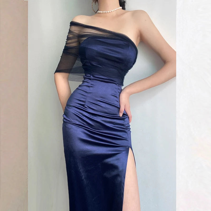 Unique Sheath Strapless Sleeveless High Slit Satin Floor-Length Prom Dress