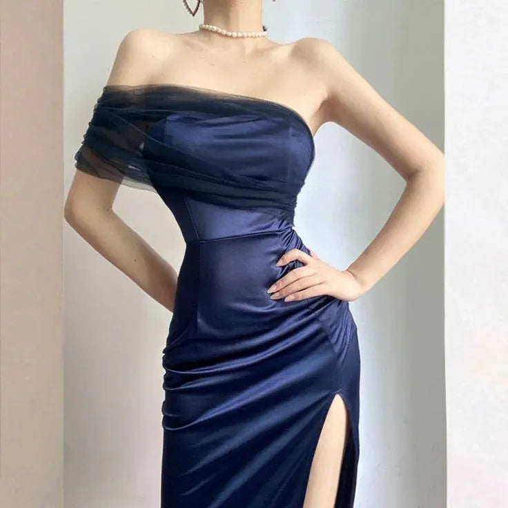 Unique Sheath Strapless Sleeveless High Slit Satin Floor-Length Prom Dress