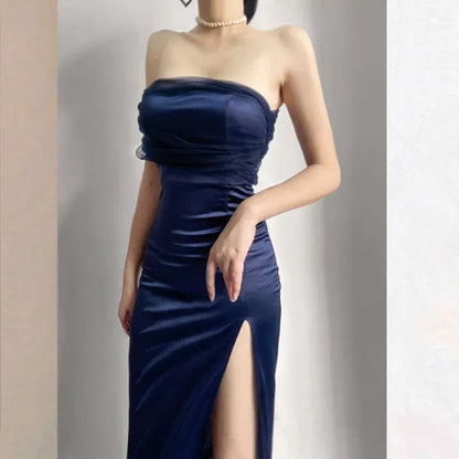Unique Sheath Strapless Sleeveless High Slit Satin Floor-Length Prom Dress
