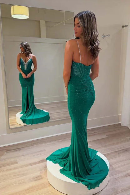 Unique design Classic fit Off-the-Shoulder Spaghetti Strap Split Fork V-Neck Floor-Length With Beaded Prom Dresses