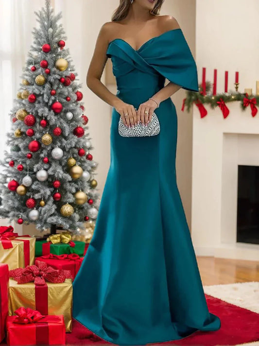 Unique design Exquisite tailoring Off-the-Shoulder Satin V-Neck Floor Length Evening Dress