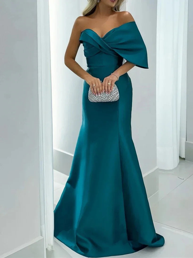 Unique design Exquisite tailoring Off-the-Shoulder Satin V-Neck Floor Length Evening Dress