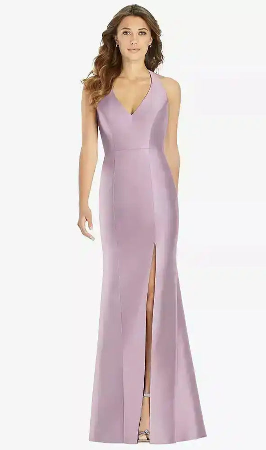 V-Neck Halter Satin Trumpet Gown in Suede Rose