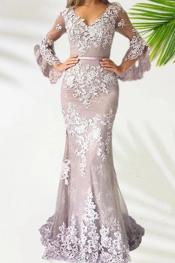 V-Neck Lace Floor-length Sweep Train Prom Dress Mermaid/Trumpet 3/4 Length Sleeve Elegant Evening Dress