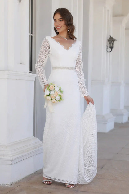 V Neck Long Sleeve Simple Ivory Wedding Dress